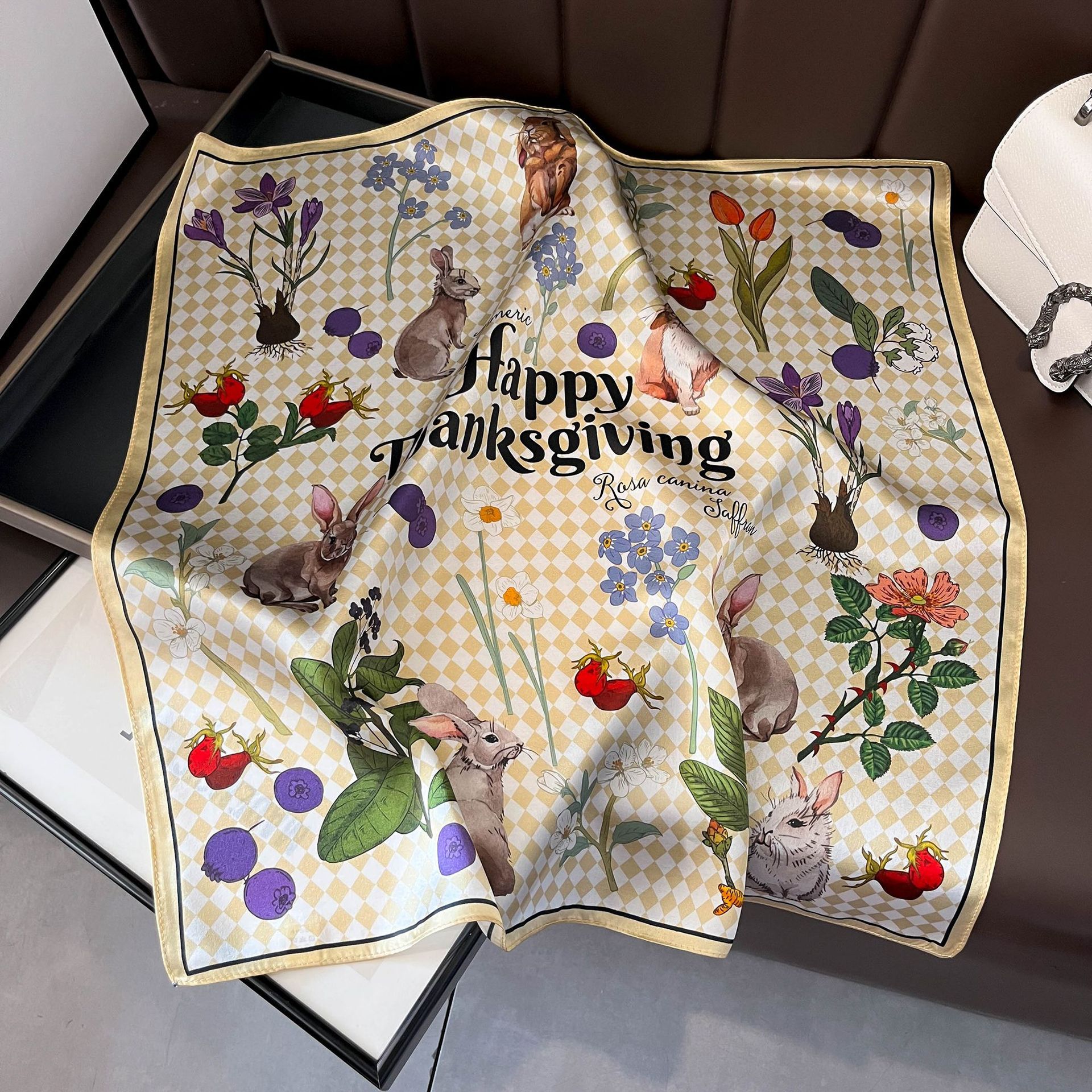 V888-ELOSUNG22467-202503251759-00 Yellow Pure Silk Scarf - Elegant Flower Design, Square Handkerchief (Style 2) - Image 1