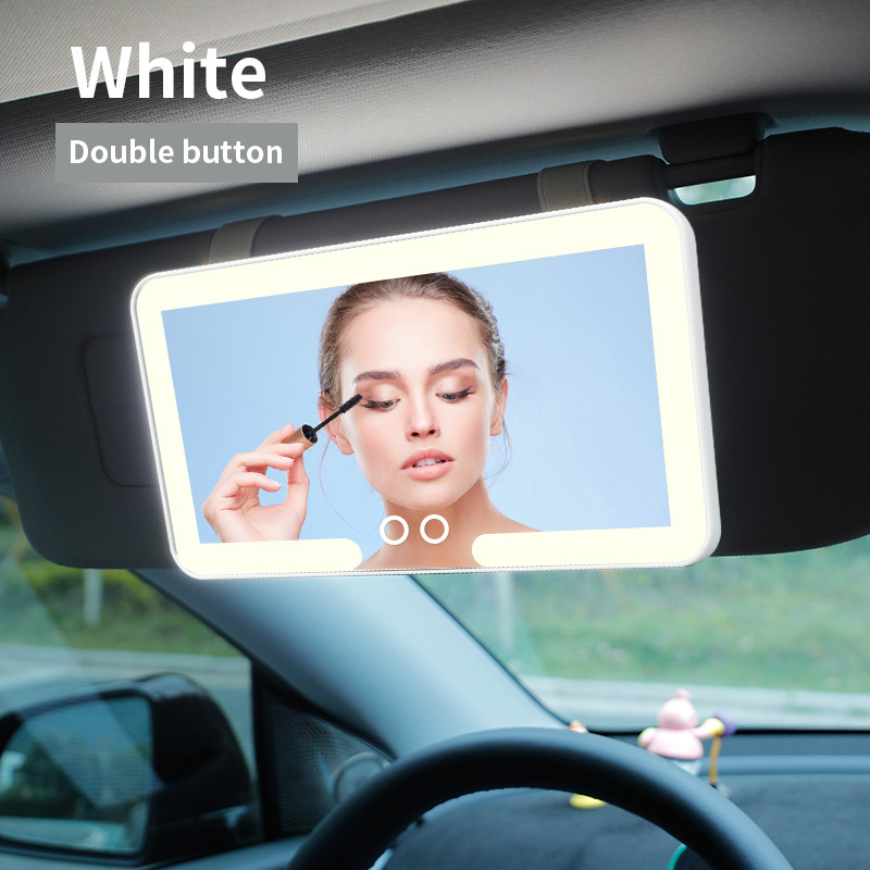 V888-ELOSUNG22577-202503280111-00 White double button Car Sun Visor Makeup Mirror with LED Light - Tri-Color, Touch Control - Image 1