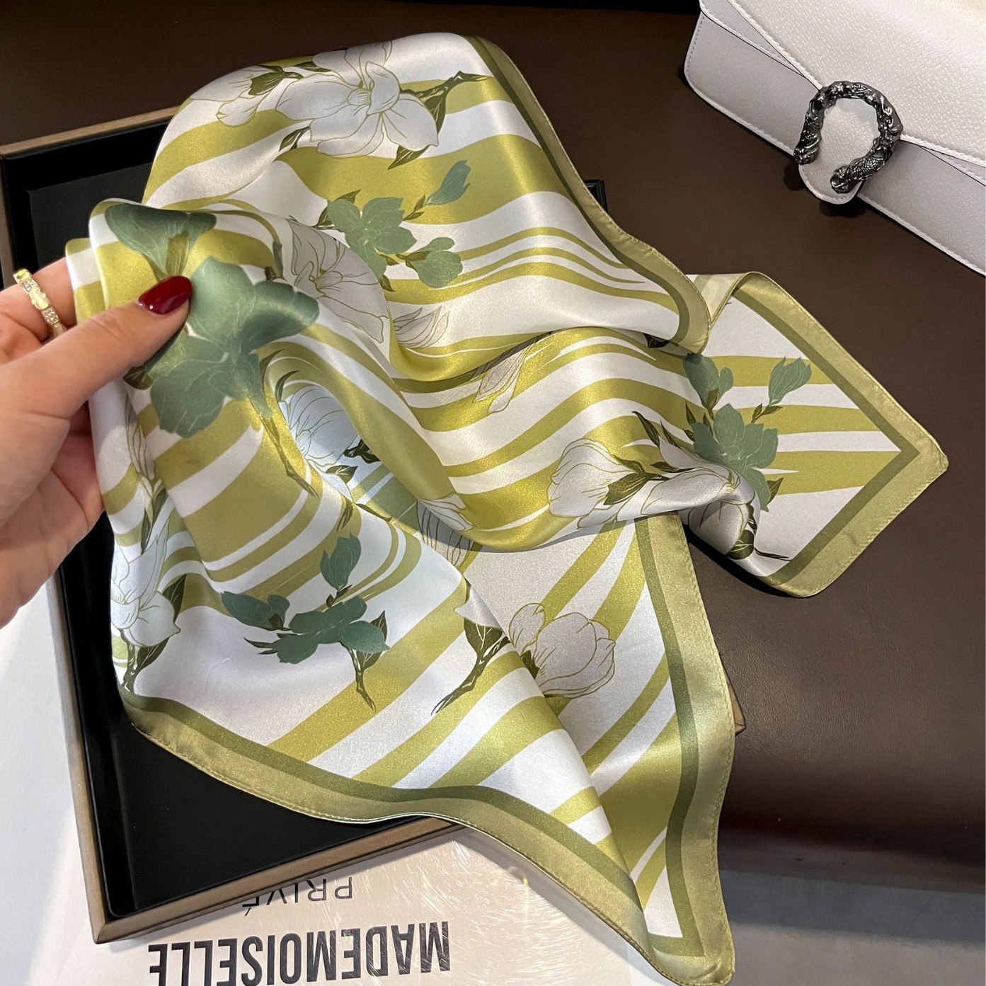 V888-ELOSUNG22600-202503282017-00 Green Flowers 53cm Silk Scarf - 100% Mulberry Silk, Floral Print, Women's Square Scarf Shawl (Style 2) - Image 1