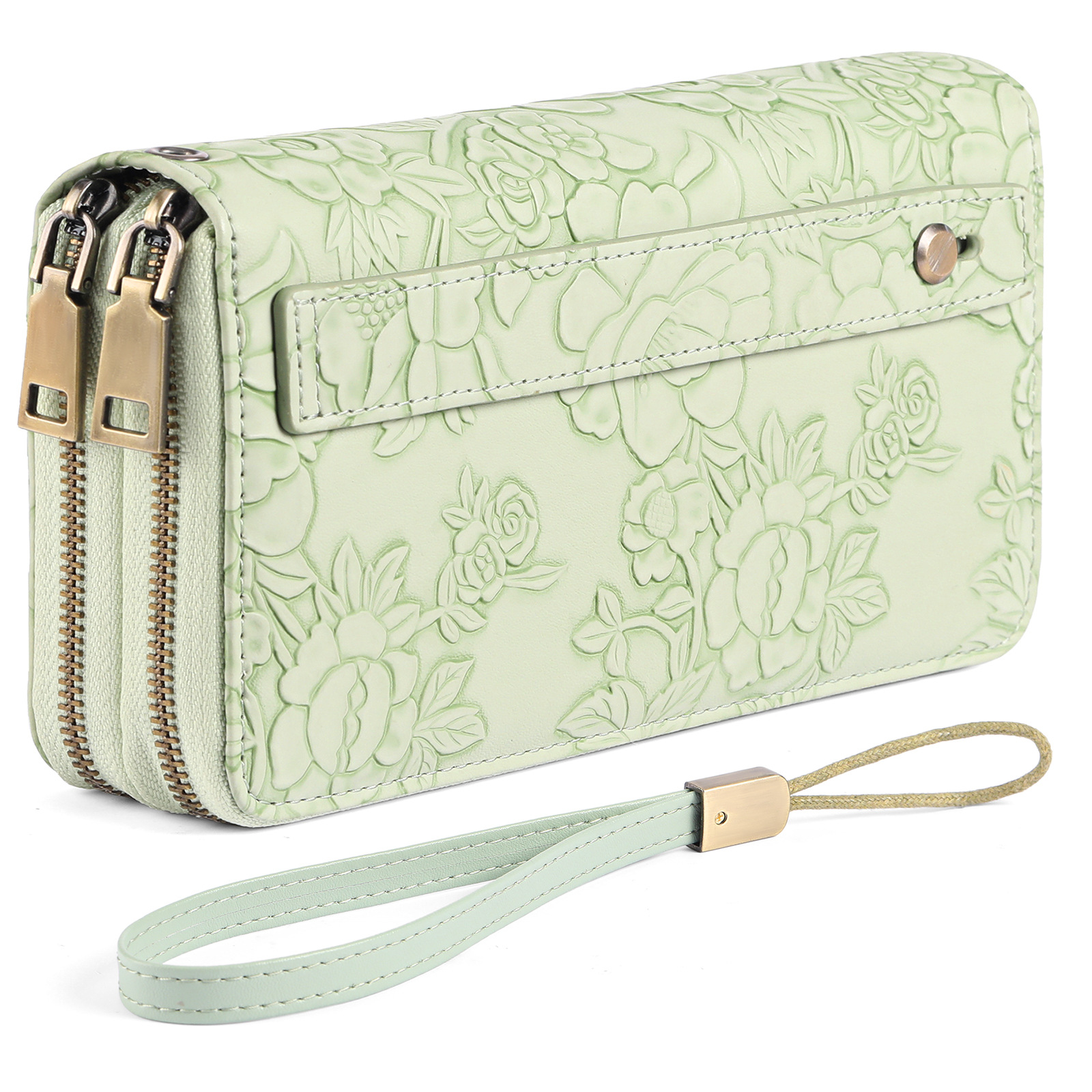 V888-ELOSUNG22640-202503282121-00 Green Embossed Design Large Capacity Vegan Leather Wallet with Wristlet - Image 1