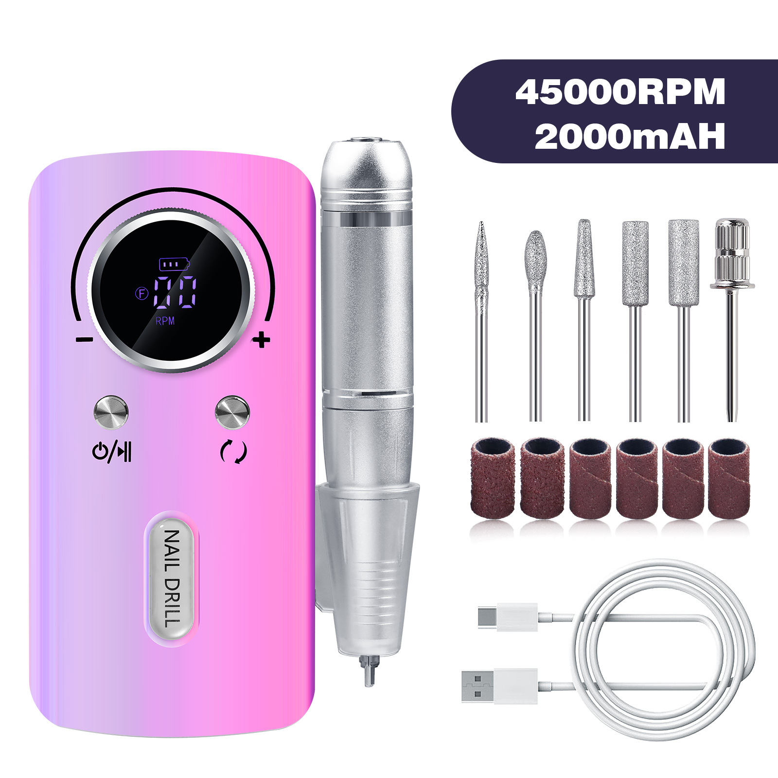 V888-ELOSUNG22695-202504011226-00 Purple Professional Electric Nail Drill, 45000RPM Rechargeable Nail Grinder Polisher for Salon & Home Use - Image 1