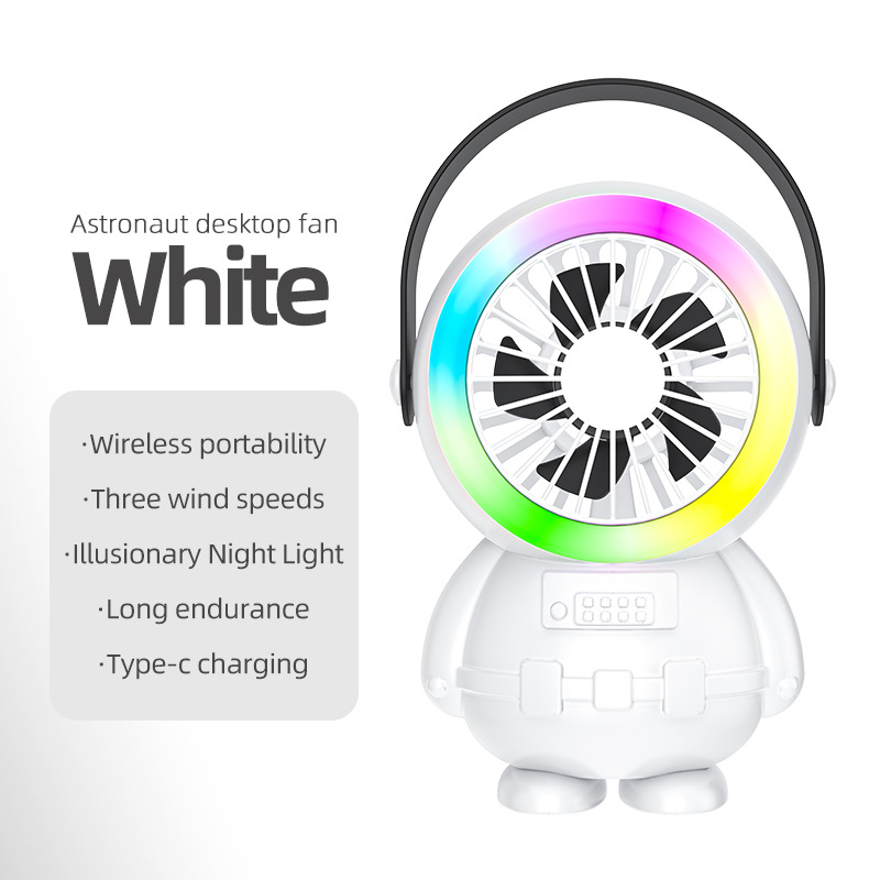 V888-ELOSUNG22702-202504011227-00 White Astronaut Portable Fan - USB Rechargeable Desk Fan with RGB Night Light - Image 1