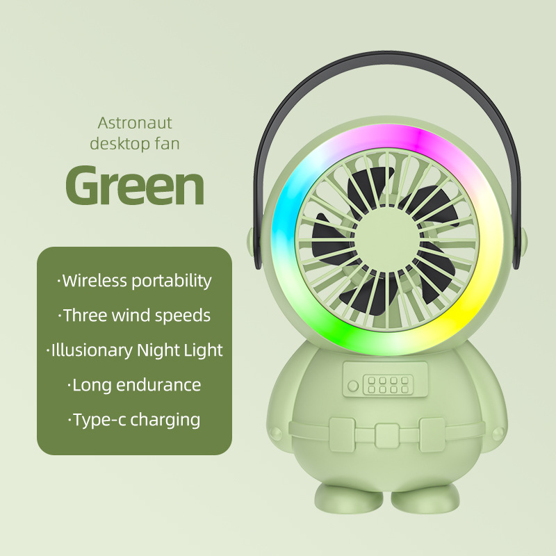 V888-ELOSUNG22703-202504011327-00 Green Astronaut Portable Fan - USB Rechargeable Desk Fan with RGB Night Light - Image 1