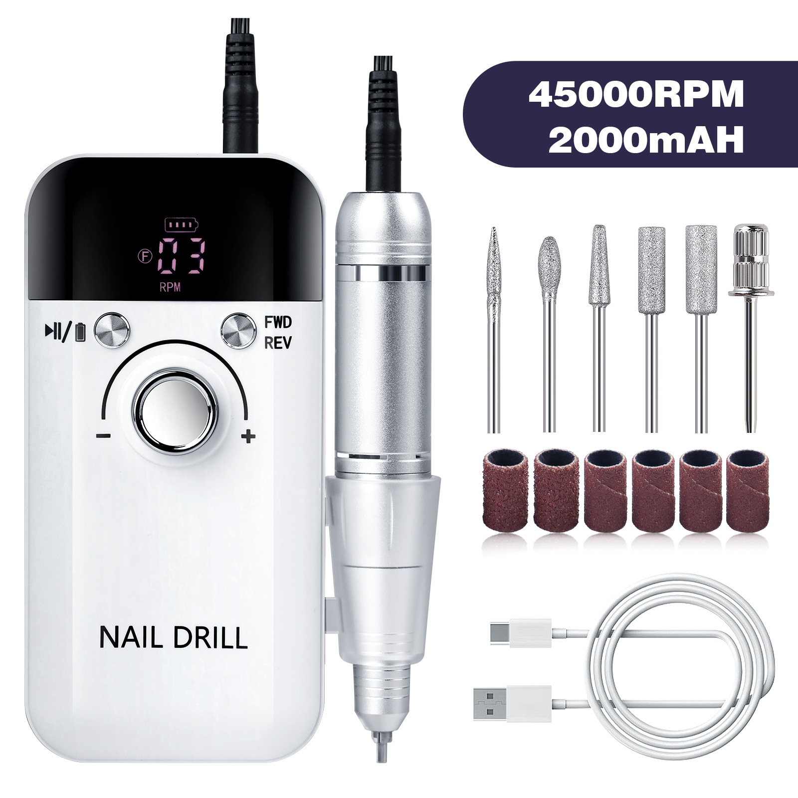 V888-ELOSUNG22706-202504011330-00 White High Speed Portable Nail Drill Set - Electric Nail File Set with 6 Nail Drill Bits - Image 1