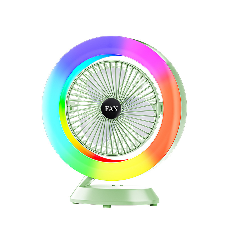 V888-ELOSUNG22713-202504011152-00 Green RGB Desktop Fan - USB Rechargeable, 3-Speed, 180° Adjustable, LED Light - Image 1