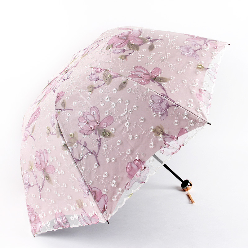 V888-ELOSUNG22729-202504011240-00 Pink Elegant Lace Parasol - UV Protection, Sun & Rain Umbrella, Tri-Fold Design - Image 1