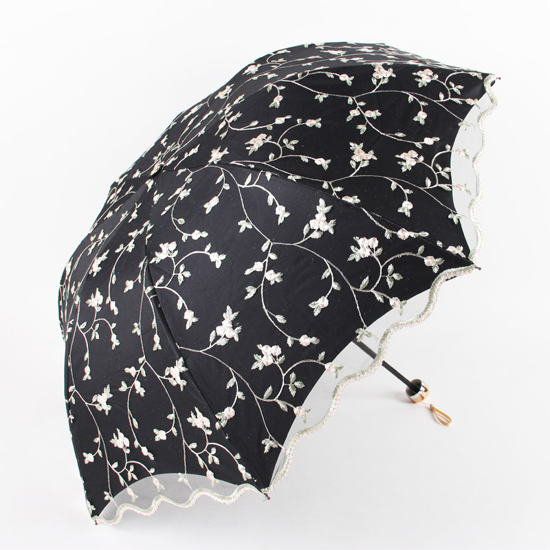 V888-ELOSUNG22734-202504011215-00 Ivy black Elegant Lace Parasol - UV Protection, Sun & Rain Umbrella, Tri-Fold Design - Image 1
