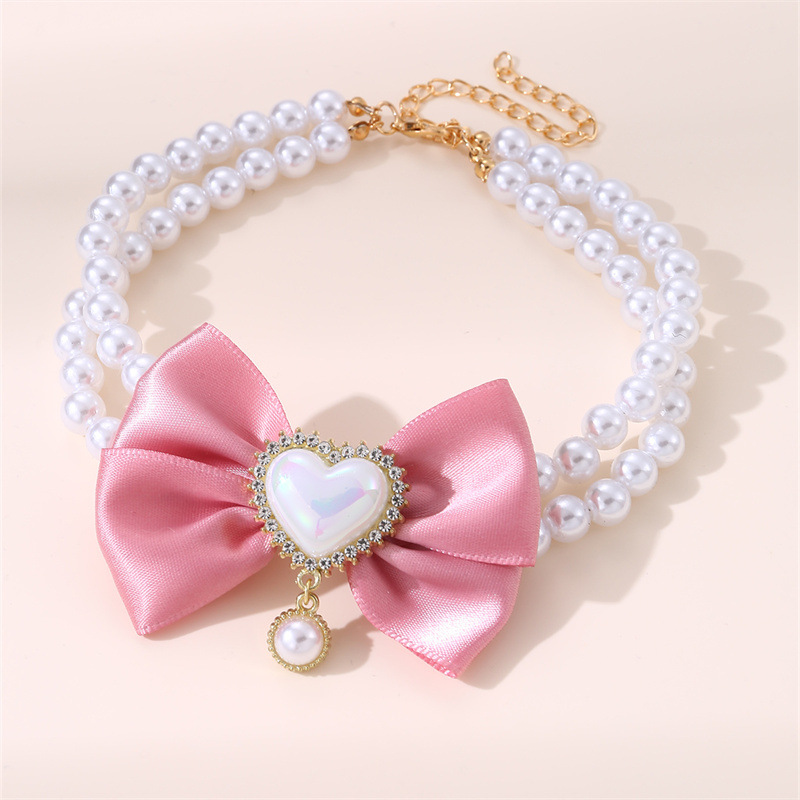 V888-ELOSUNG22817-202504031730-00 2 - PCS Cute Pet Pearl Necklace Collar with Pink Bow and Heart Charm - Size S - Image 1
