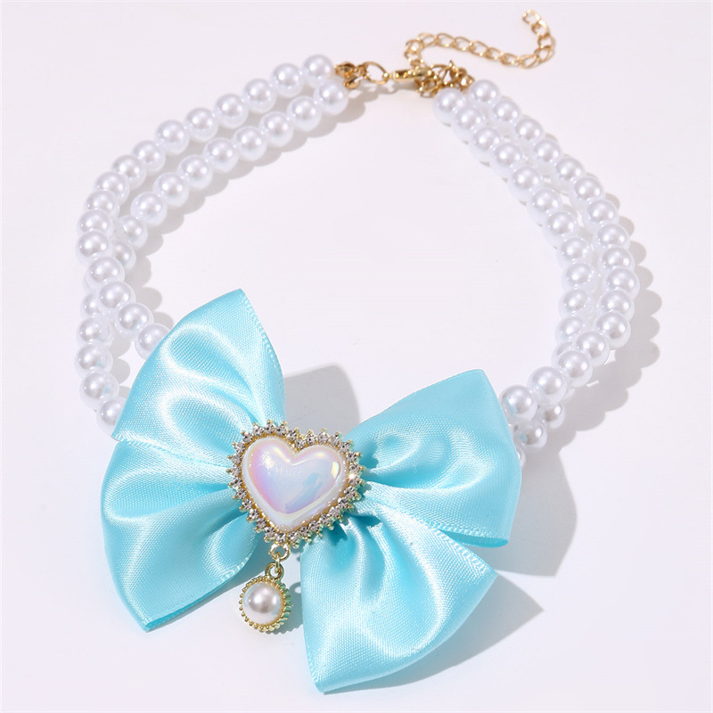 V888-ELOSUNG22819-202504031730-00 2 - PCS Cute Pet Pearl Necklace Collar with Blue Bow and Heart Charm - Size S - Image 1