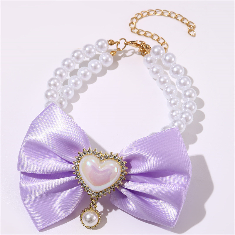 V888-ELOSUNG22820-202504031730-00 2 - PCS Cute Pet Pearl Necklace Collar with Purple Bow and Heart Charm - Size S - Image 1