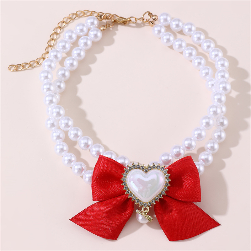 V888-ELOSUNG22821-202504031730-00 2 - PCS Cute Pet Pearl Necklace Collar with Red Bow and Heart Charm - Size S - Image 1