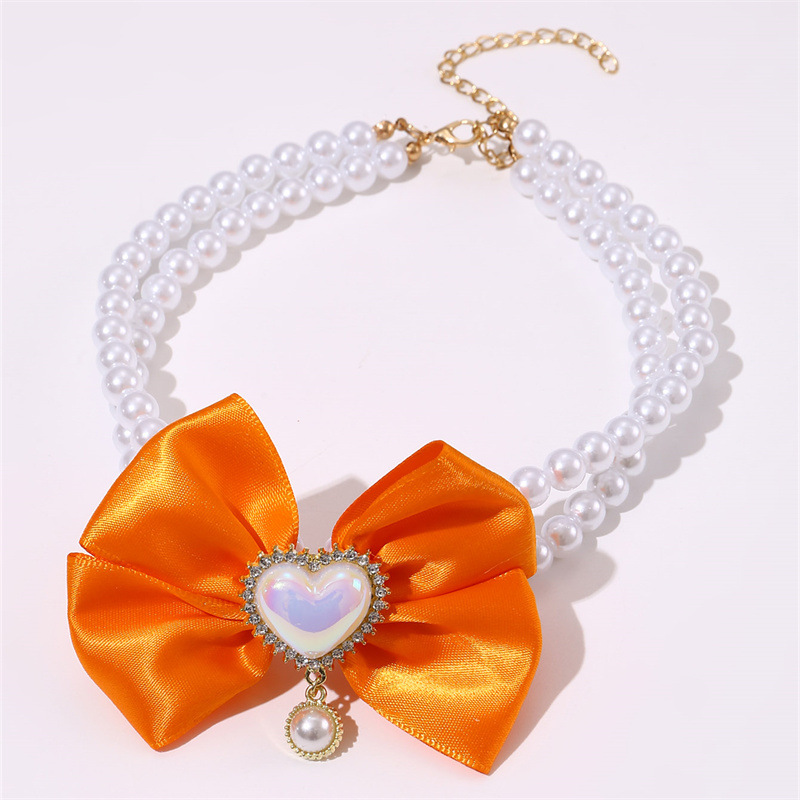 V888-ELOSUNG22827-202504141341-00 2 - PCS Cute Pet Pearl Necklace Collar with Orange Bow and Heart Charm - Size M - Image 1