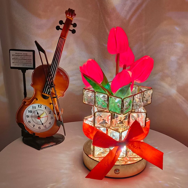V888-ELOSUNG22962-202504141637-00 Red tulips LED Crystal Flower Table Lamp - USB Rechargeable Touch Control Night Light - Image 1