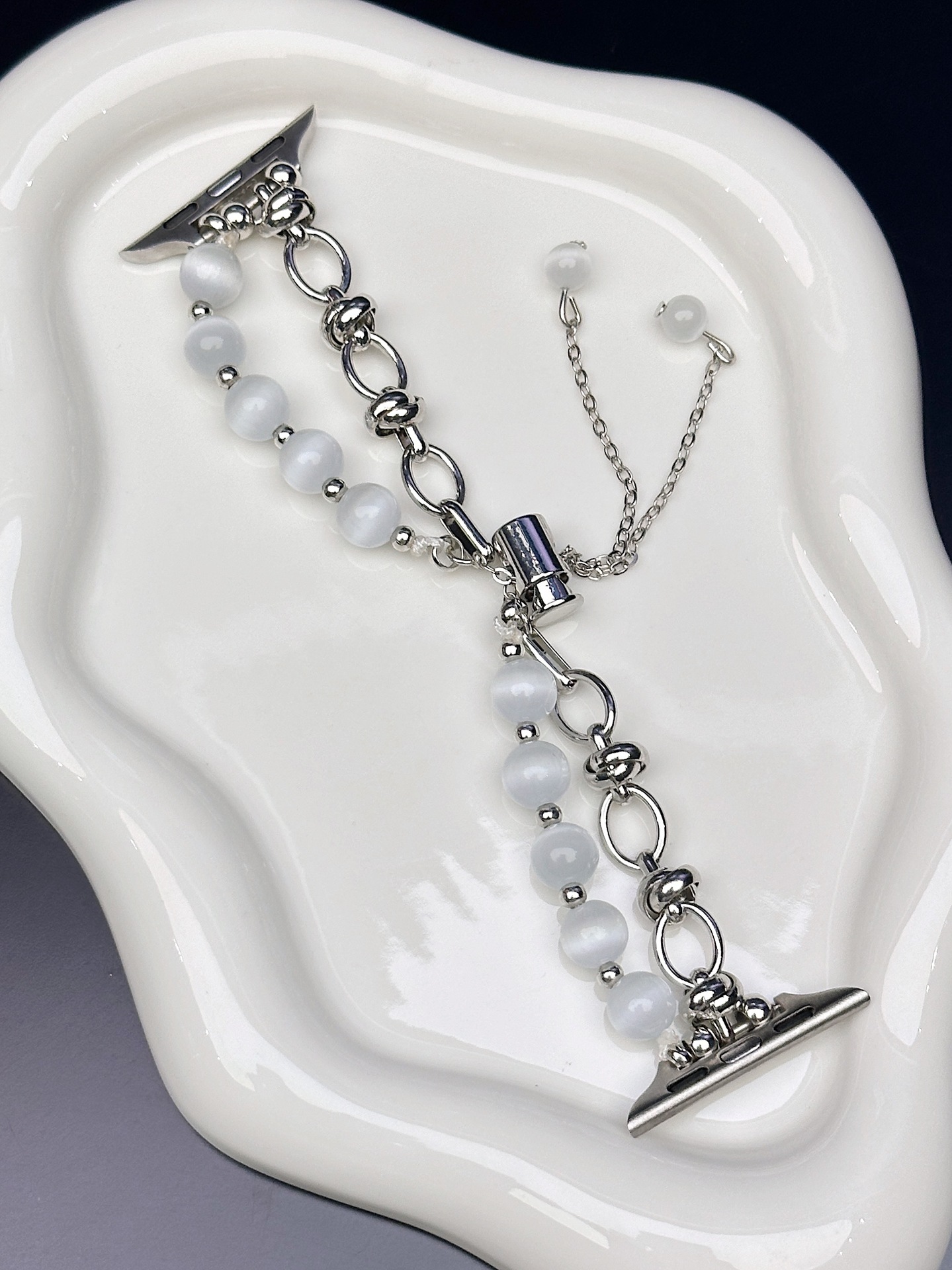 V888-ELOSUNG22997-202504141717-00 2-pcs Silver Elegant Cat's Eye Beaded Bracelet Band for Apple Watch - Women's Luxury Strap (Compatible Size :38/40/41MM ) - Image 1