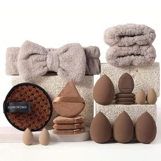 V888-ELOSUNG23134-202503211814-00 3 * Brown 20 Sets Makeup Sponge Set - Flannel Headband, Crystal Velvet Puffs, Non-Latex Beauty Blenders for Flawless Application - Image 1