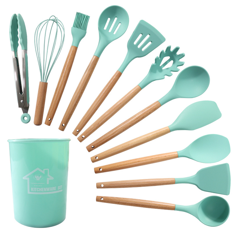 V888-ELOSUNG23153-202503251521-00 Green And Brown 12-Piece Silicone Kitchen Utensil Set - Non-Stick Food-Grade Silicone Cooking Tools with Wooden Handles and Holder - Image 1