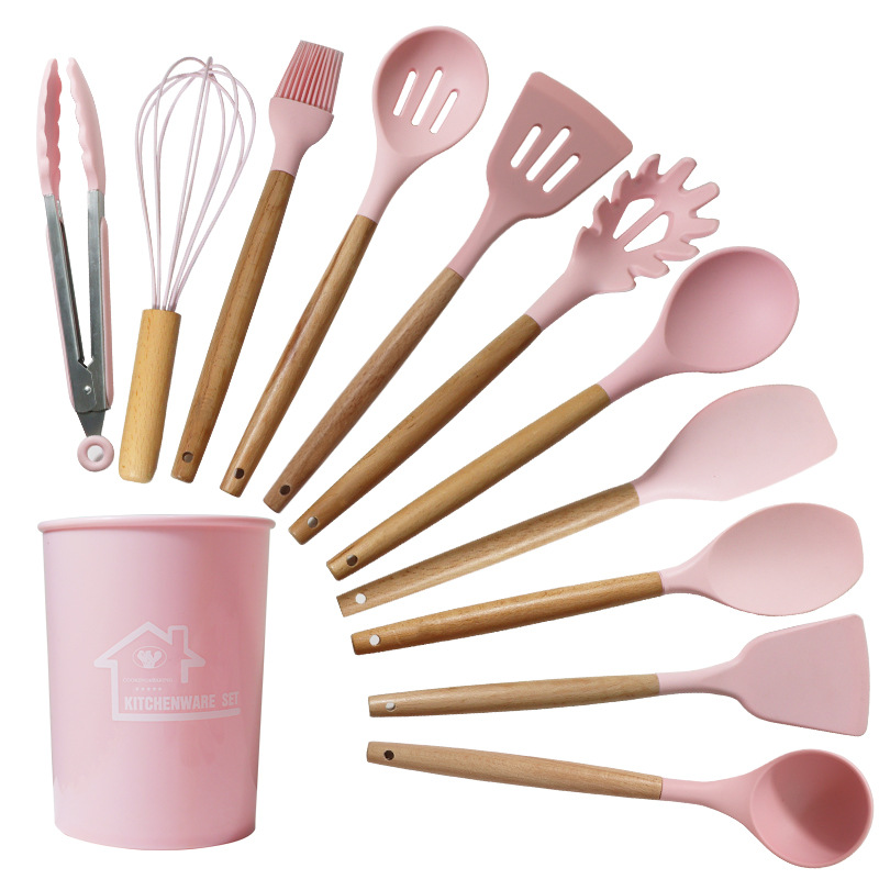 V888-ELOSUNG23156-202503251525-00 Pink And Brown 12-Piece Silicone Kitchen Utensil Set - Non-Stick Food-Grade Silicone Cooking Tools with Wooden Handles and Holder - Image 1