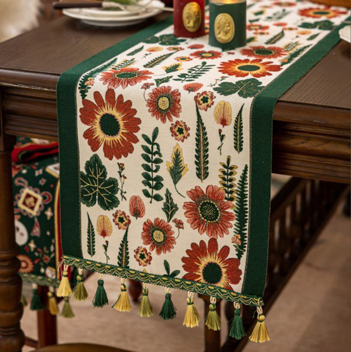 V888-ELOSUNG23162-202503251615-00 35x180cm Green Pastoral Table Runner - Spring Floral Oil Painting Style with Tassels - Image 1