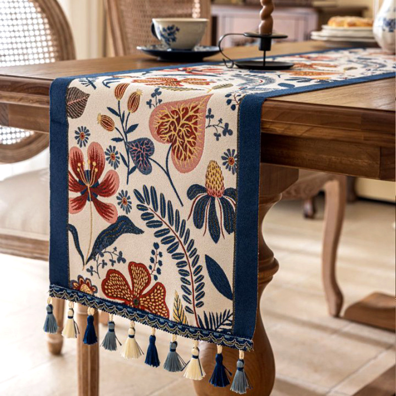 V888-ELOSUNG23176-202503251843-00 35x240cm Blue Pastoral Table Runner - Spring Floral Oil Painting Style with Tassels - Image 1