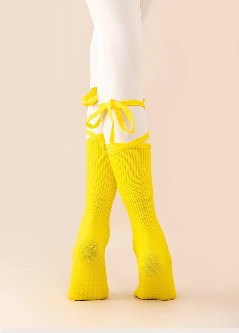 V888-ELOSUNG23219-202503251832-00 3 Pcs Yellow Non-Slip Yoga Socks with Cross Straps - Cotton Pilates Dance Socks for Women, Lightweight Comfort - Image 1