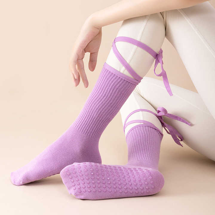 V888-ELOSUNG23222-202503251951-00 3 Pcs Purple Non-Slip Yoga Socks with Cross Straps - Cotton Pilates Dance Socks for Women, Lightweight Comfort - Image 1