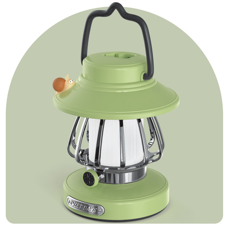 V888-ELOSUNG23226-202503251851-00 Green Retro Snail Night Light - Portable Rechargeable Camping Lantern with Hook, 3-Color Dimming - Image 1
