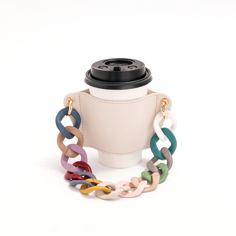 V888-ELOSUNG23266-202503252006-00 2 Pcs Beige And colored chain Detachable Chain Coffee Cup Sleeve - PU Leather Insulated Cup Holder with Handle, 16cm Top, 70g(Cup not included, only cup sleeve and chain) - Image 1