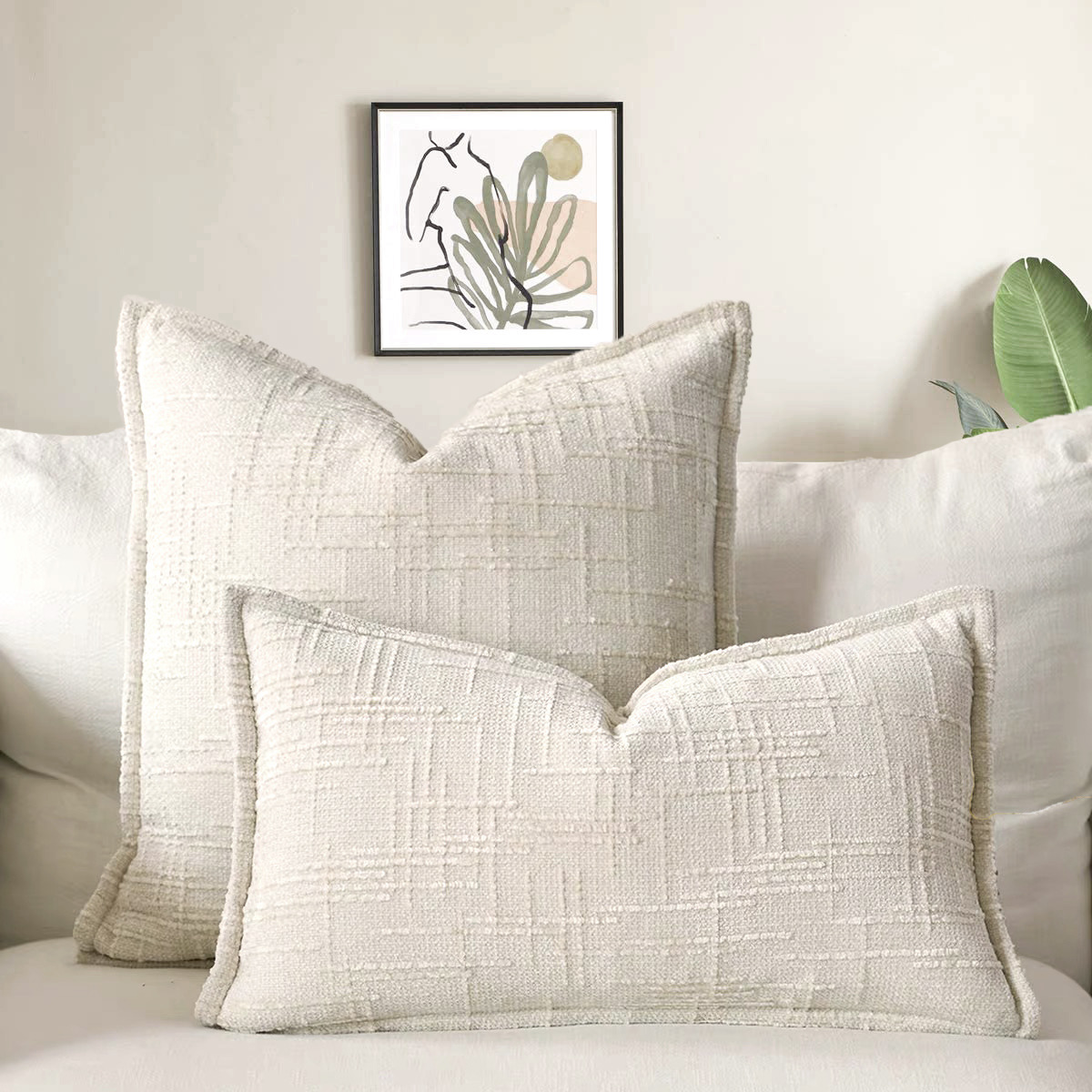 V888-ELOSUNG23272-202503251505-00 Beige Chenille Crosshatch Textured Pillow Covers Set of 2 - Modern Minimalist Sofa Bed Cushion Covers 45x45cm & 30x50cm(without pillow core) - Image 1