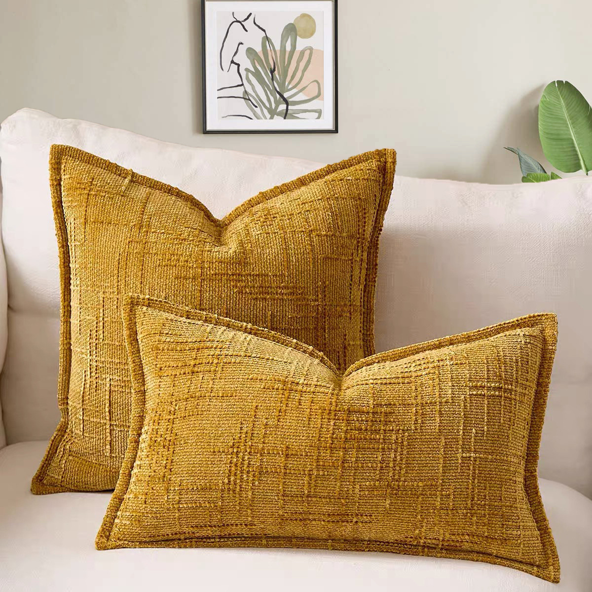 V888-ELOSUNG23276-202503251510-00 Yellow Chenille Crosshatch Textured Pillow Covers Set of 2 - Modern Minimalist Sofa Bed Cushion Covers 45x45cm & 30x50cm(without pillow core) - Image 1