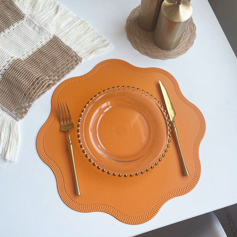 V888-ELOSUNG23292-202503251611-00 Orange Nordic Style Faux Leather Placemats Set of 4 - Heat-Resistant Waterproof Table Mats 38x38cm(cutlery not included) - Image 1