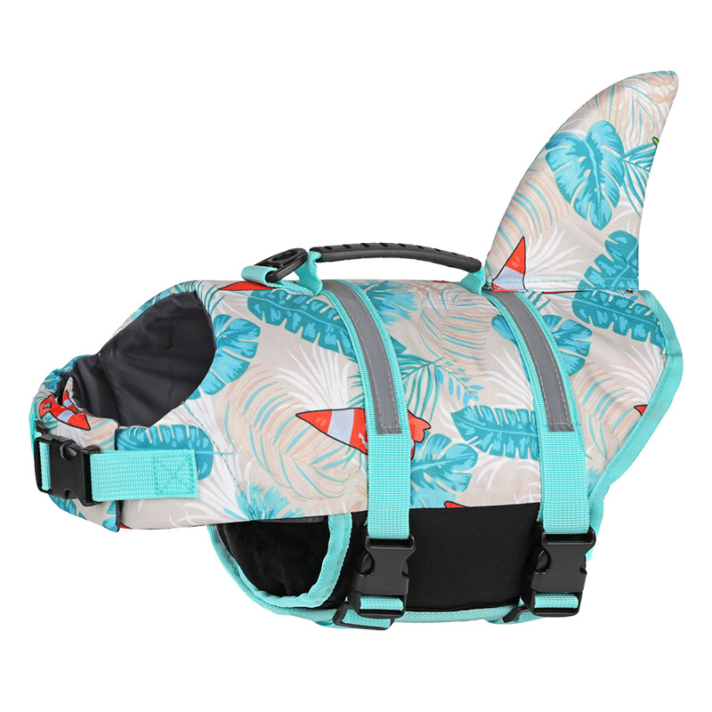 V888-ELOSUNG23307-202503251842-00 Size XL Beige And Blue Sailboat Pattern Pet Life Jacket for Dogs - Summer Swimming Safety Vest with Shark Fin for Small to Large Breeds - Image 1