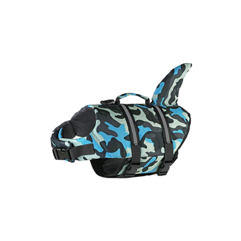 V888-ELOSUNG23320-202503251805-00 Size M Blue Camouflage Pattern Pet Life Jacket for Dogs - Summer Swimming Safety Vest with Shark Fin for Small to Large Breeds - Image 1