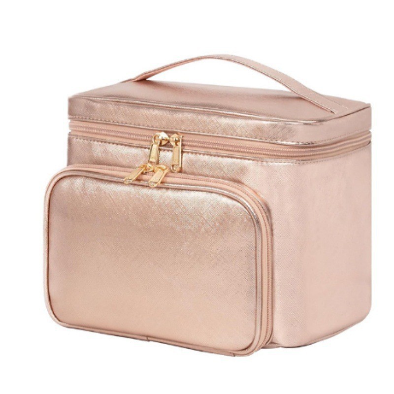 V888-ELOSUNG23334-202503251832-00 Pink Portable Travel Makeup Bag with Brush Compartment - Stylish PU Leather Cosmetic Organizer for Skincare and Toiletry Storage - Image 1