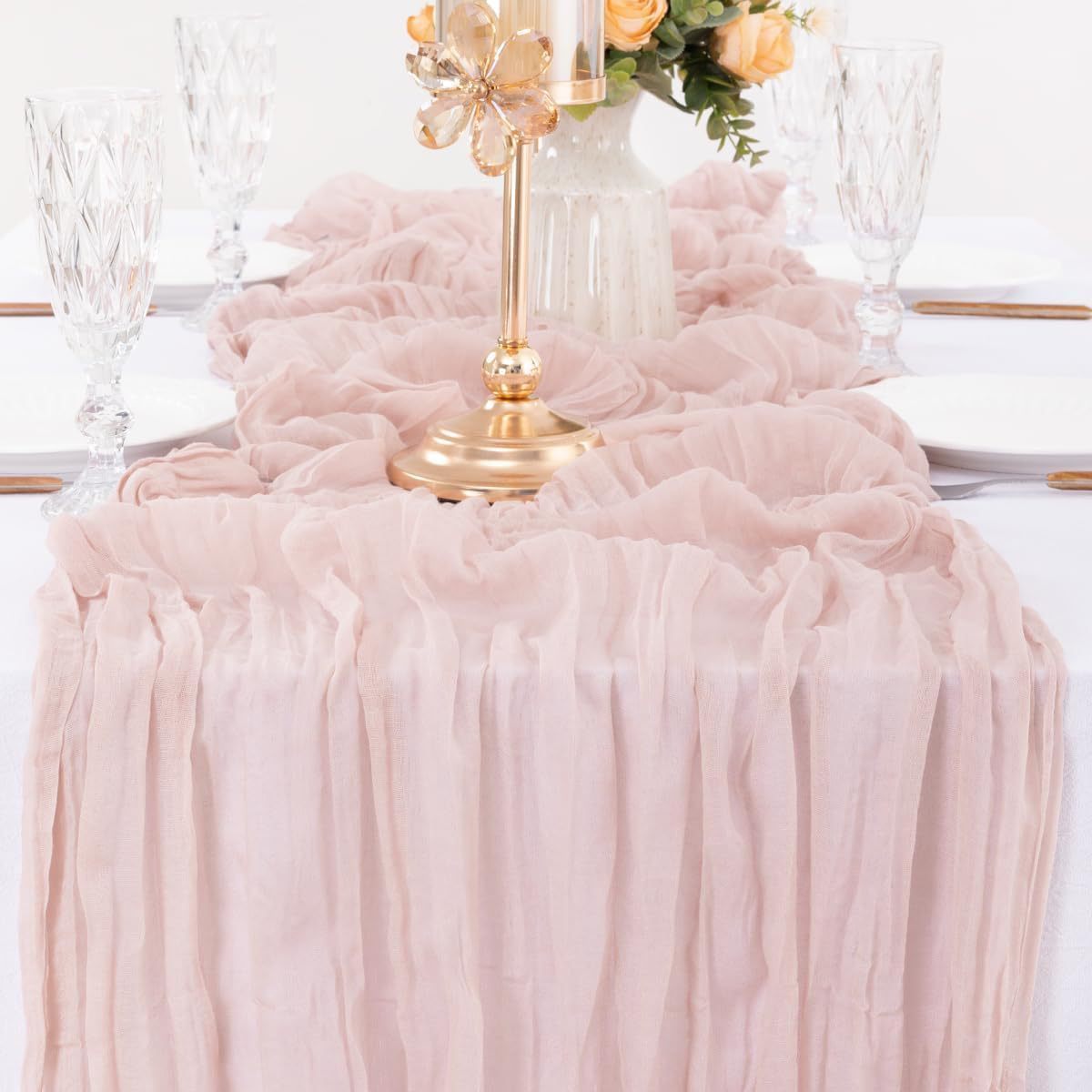 V888-ELOSUNG23355-202503271905-00 Pink Bohemian Gauze Table Runner 2-Pack - Polyester Fabric for Party and Birthday Table Decor - Image 1
