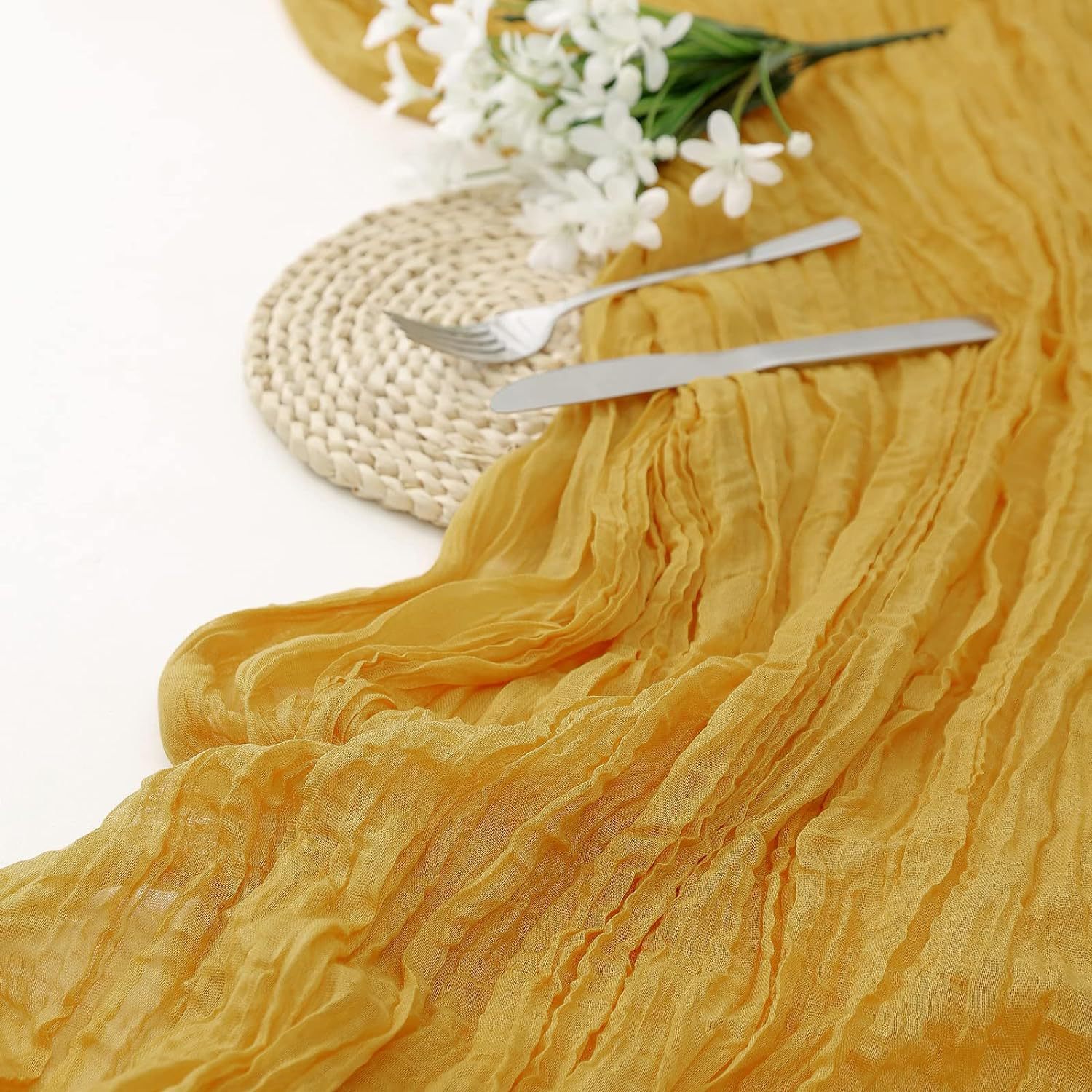 V888-ELOSUNG23357-202503271905-00 Yellow Bohemian Gauze Table Runner 2-Pack - Polyester Fabric for Party and Birthday Table Decor - Image 1