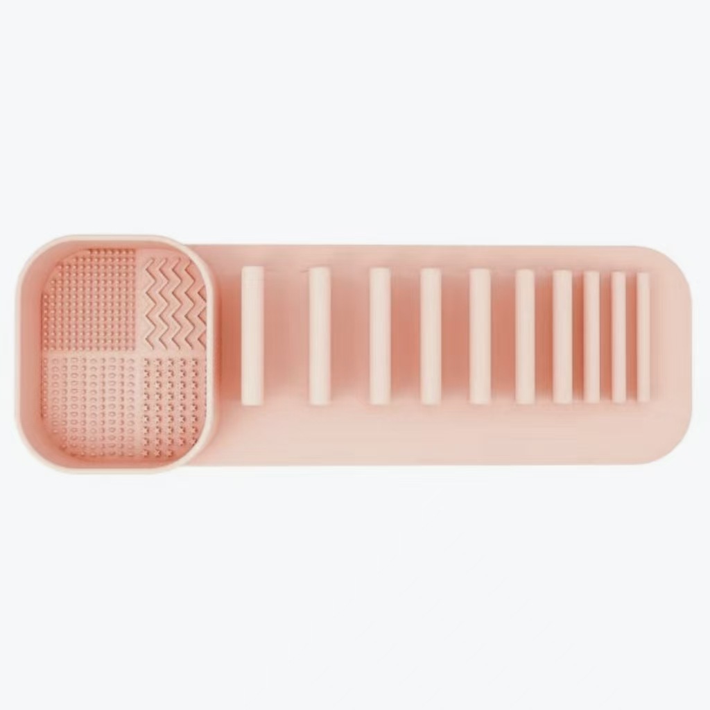 V888-ELOSUNG23405-202503282016-00 3 Pcs Khaki Silicone Makeup Brush Organizer and Cleaning Rack - Wall-Mounted Holder with Brush Cleaning Texture - Image 1