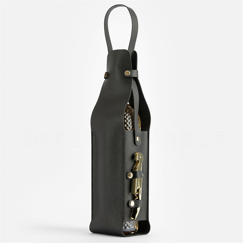 V888-ELOSUNG23409-202503280100-00 Black Leather-Look Single Wine Bottle Carrier Bag with Handle and Side Pocket for Opener(Red wine and bottle opener are props for shooting and are not included) - Image 1