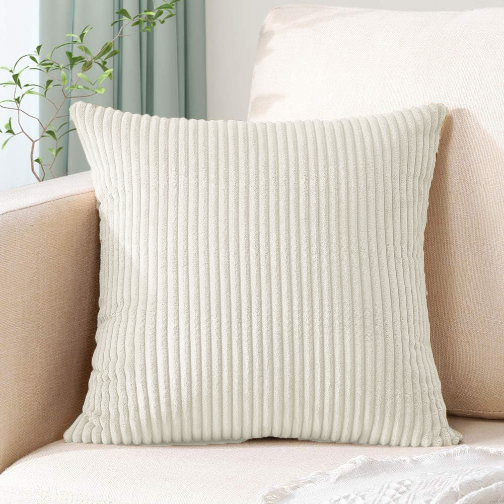 V888-ELOSUNG234473-202503282126-00 Light Beige Plush Striped Pillow Covers 45x45cm - Set of 4 Corduroy-Style Cushion Covers with Invisible Zipper, Soft and Washable for Sofa Decor - Image 1
