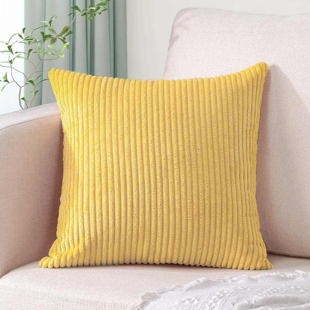 V888-ELOSUNG234484-202503282127-00 Bright Yellow Plush Striped Pillow Covers 45x45cm - Set of 4 Corduroy-Style Cushion Covers with Invisible Zipper, Soft and Washable for Sofa Decor - Image 1