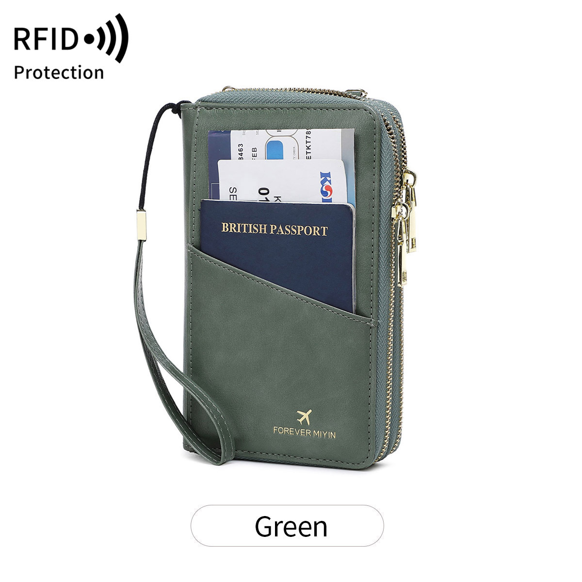 V888-ELOSUNG23518-202504011206-00 Green RFID Blocking Passport Wallet - Multi-Function Travel Organizer with Double Zipper and Crossbody Strap - Image 1