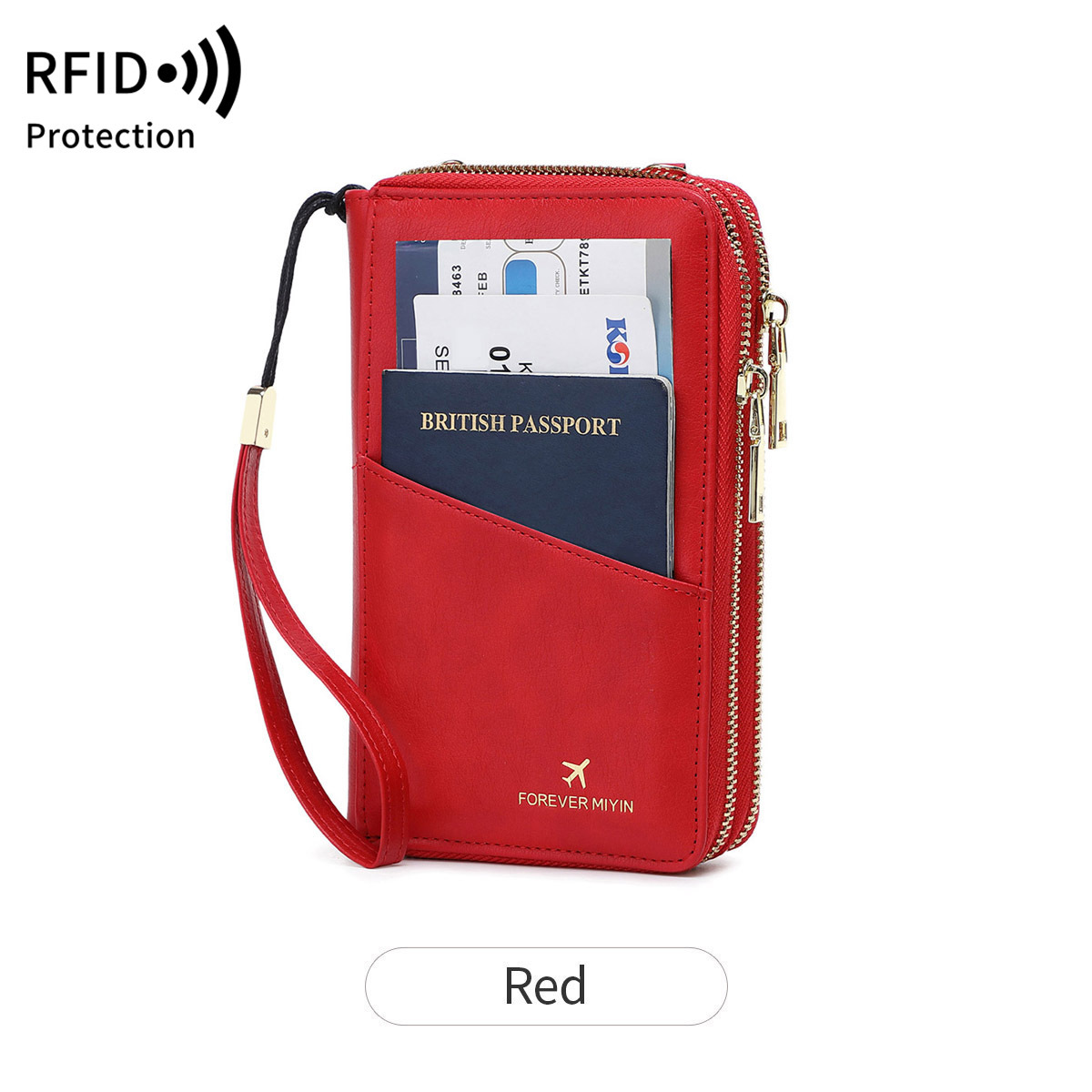 V888-ELOSUNG23523-202504011206-00 Red RFID Blocking Passport Wallet - Multi-Function Travel Organizer with Double Zipper and Crossbody Strap - Image 1