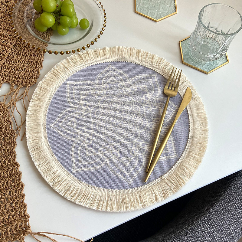 V888-ELOSUNG23528-202504011211-00 4 Pcs Beige and Purple Boho Chic Woven Cotton Placemat with Tassels - Nordic Bohemian Style(Tableware is a prop for shooting and is not included) - Image 1