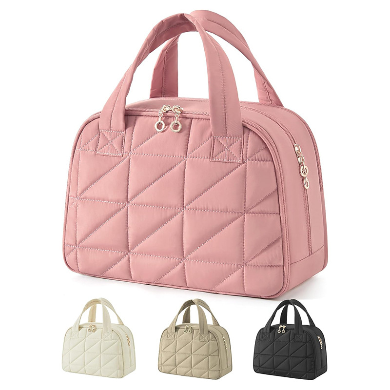 V888-ELOSUNG23539-202504011237-00 Pink Large Capacity Travel Toiletry Bag with Wide Opening - Puffy Nylon Makeup Organizer with Waterproof PVC Layer - Image 1