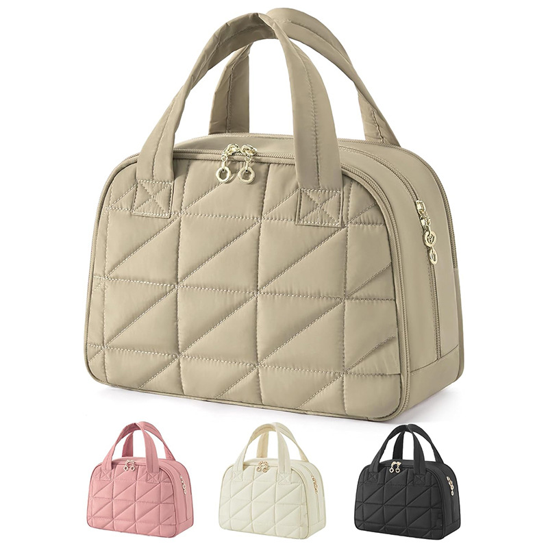 V888-ELOSUNG23540-202504011237-00 Khaki Large Capacity Travel Toiletry Bag with Wide Opening - Puffy Nylon Makeup Organizer with Waterproof PVC Layer - Image 1