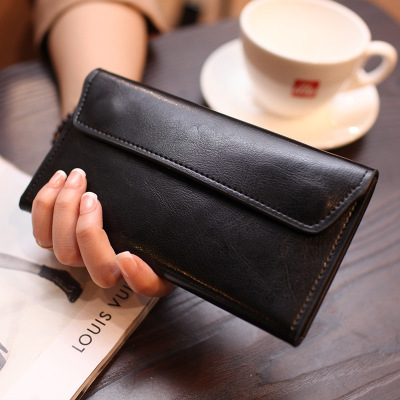 V888-ELOSUNG23542-202504031706-00 Black Women's Genuine Leather Long Wallet - Slim Business Clutch with Snap Closure, Multi-Card Holder - Image 1