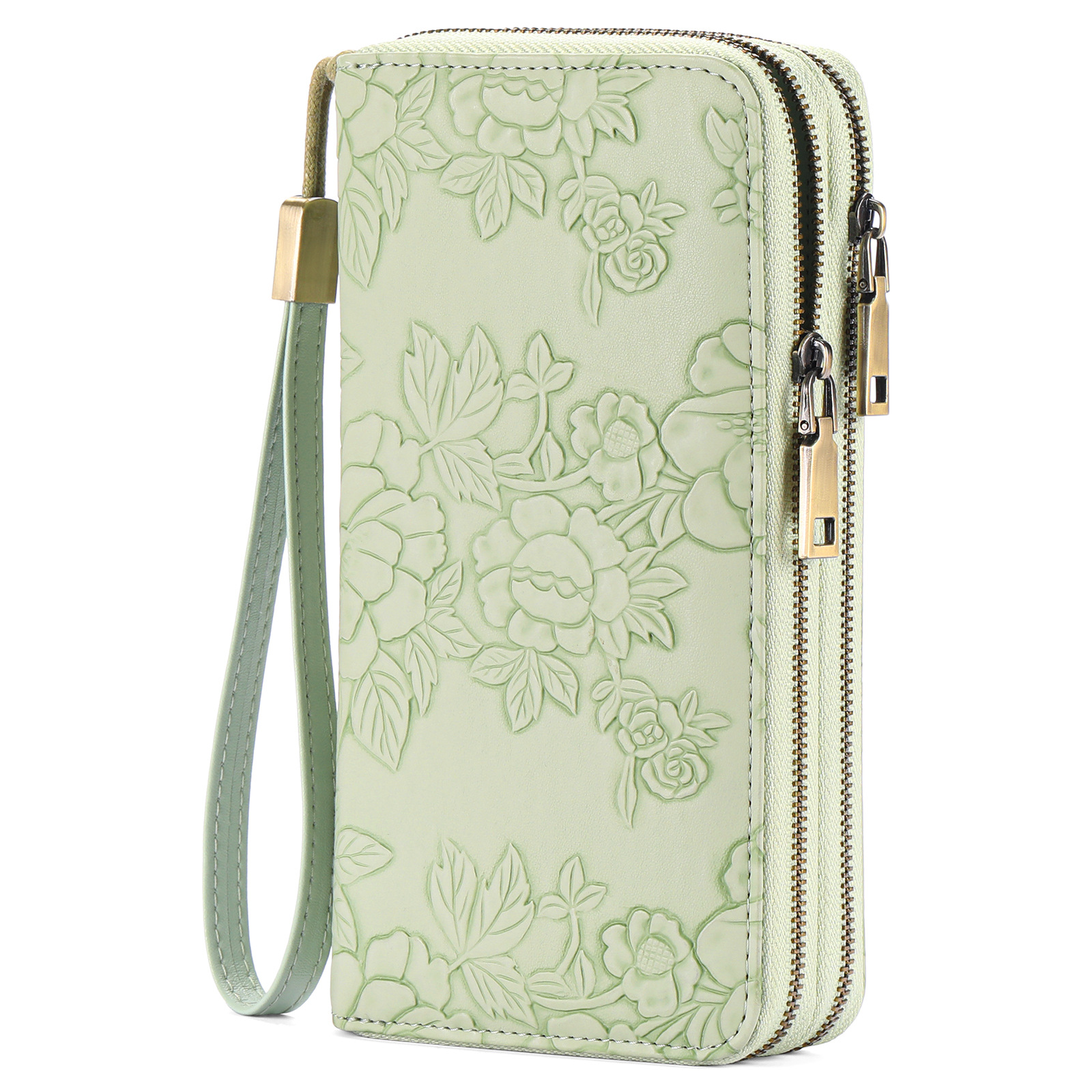 V888-ELOSUNG23586-202504141342-00 Green Floral Embossed Large Capacity Women's Wallet - Double Zipper PU Leather Clutch with Detachable Wrist Strap - Image 1