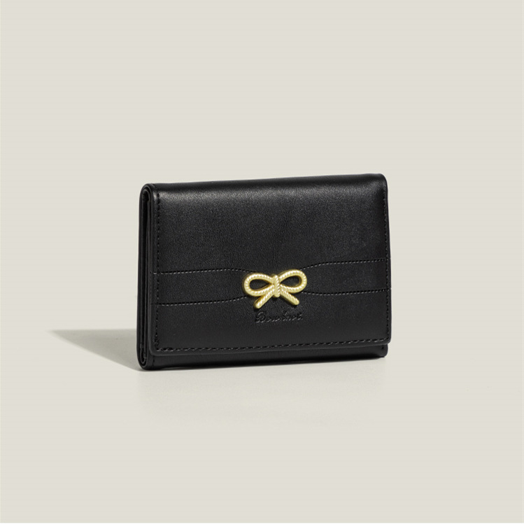V888-ELOSUNG23591-202504141341-00 Black Compact Women's Bow-Accent Wallet - Fresh Minimalist PU Leather Foldable Card Holder with Multiple Slots - Image 1