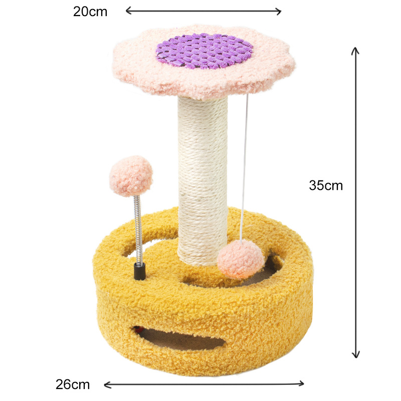 V888-ELOSUNG23626-202504141635-00 Yellow And Pink Sunflower Cat Scratching Post - 35cm Sisal Cat Tree with Plush Toys for Small Cats - Image 1