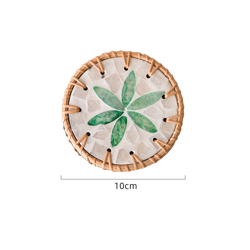 V888-ELOSUNG23681-202504141726-00 4 Pcs Beige Background With Green flower Handcrafted Rattan Coaster with Natural Shell Inlay - Decorative & Heat Insulating Drink Mat - Image 1