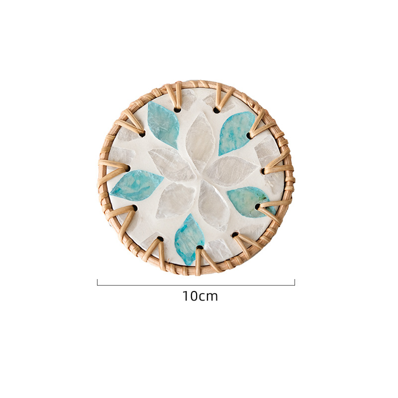 V888-ELOSUNG23685-202504141730-00 4 Pcs Beige Background With Blue and Grey flower Handcrafted Rattan Coaster with Natural Shell Inlay - Decorative & Heat Insulating Drink Mat - Image 1